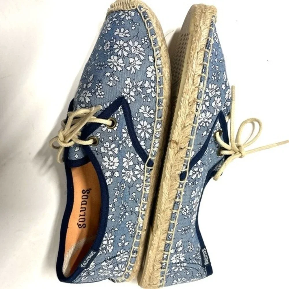 Soludos Chambray Denim Floral Lace Up Espadrille Sneakers in Blue and White 7